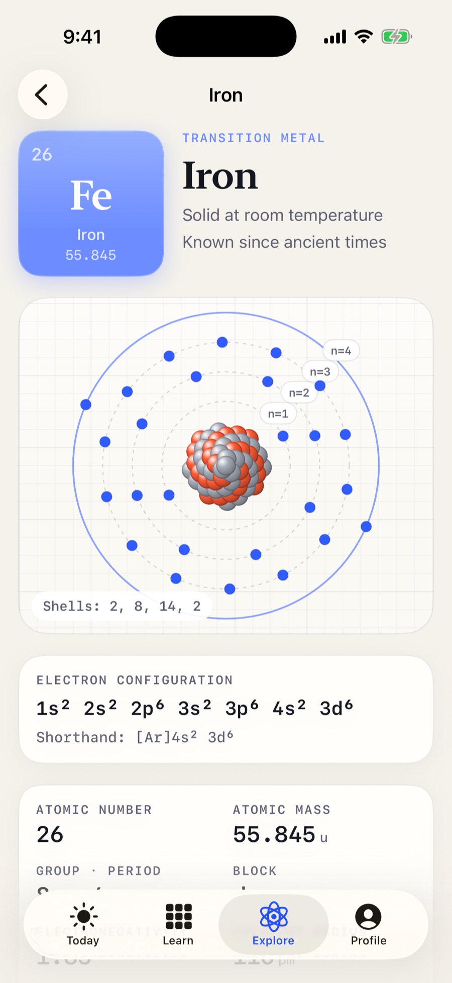 The element page for iron: its tile, Bohr model with shells 2, 8, 14, 2 and electron configuration.