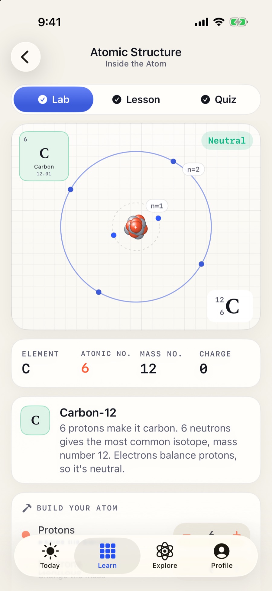 The Atomic Structure lab: a carbon atom with its Bohr model, mass number and charge.