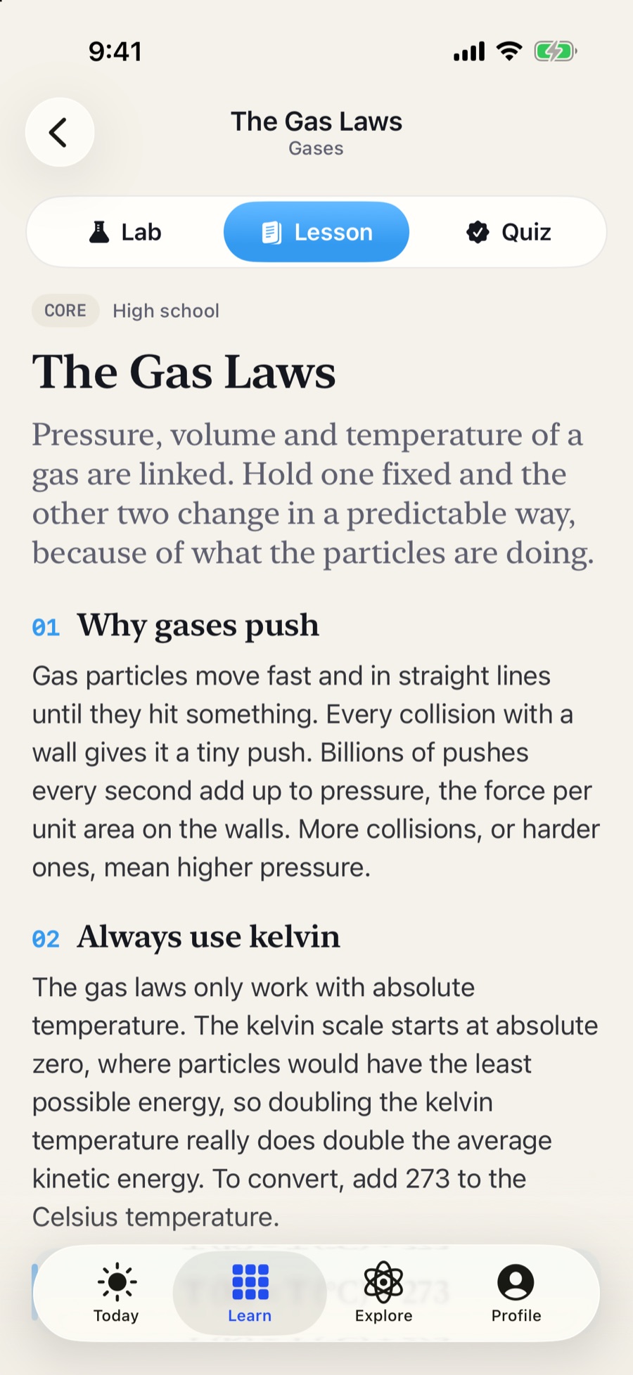 A lesson on the gas laws with numbered sections.