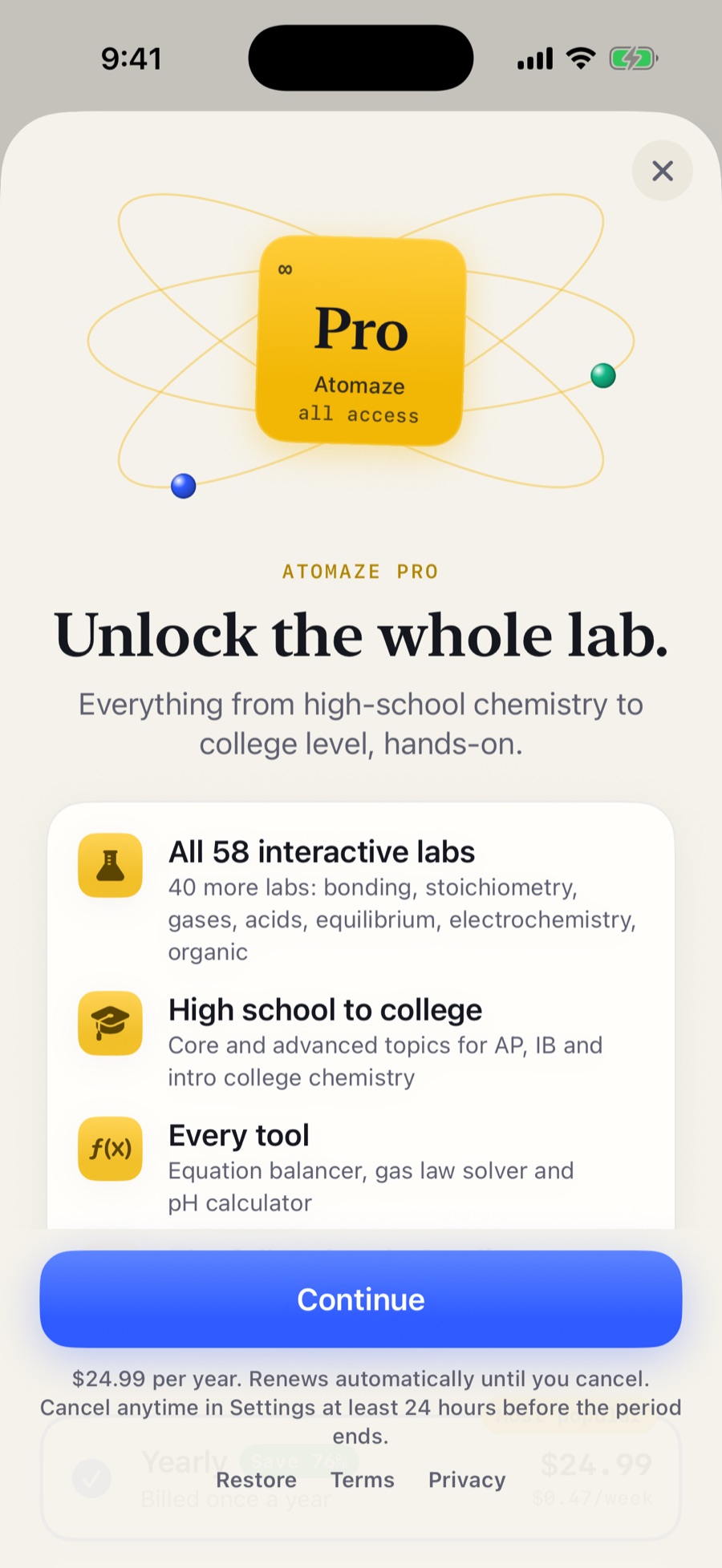 The Atomaze Pro screen in the app, with a visible close button, prices and terms.