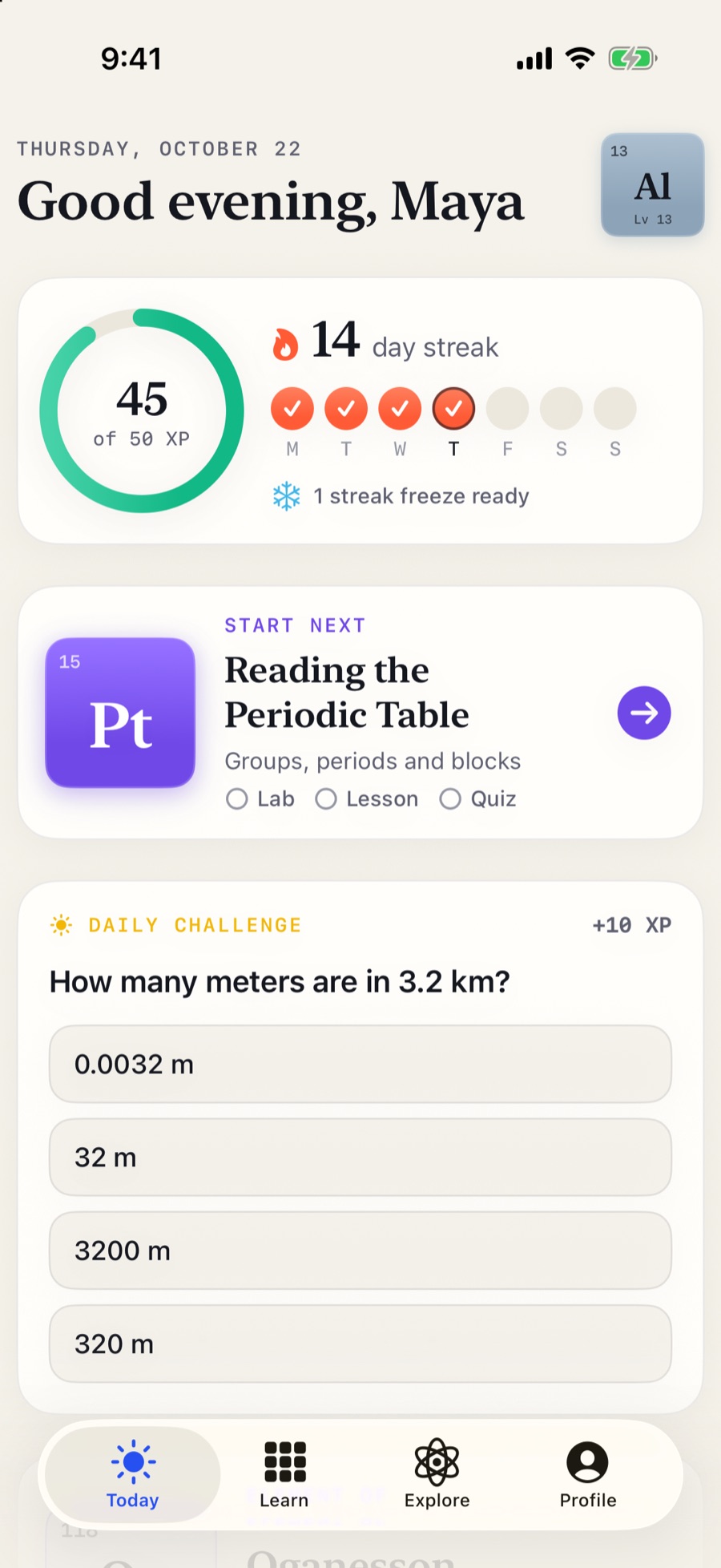 Atomaze Today screen: daily goal ring, 14-day streak and the daily challenge.